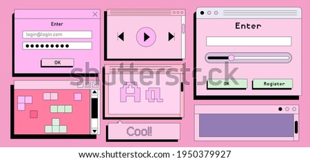 Set of flat retrowave UI and UX elements: dialog box, tab, button, modal window.