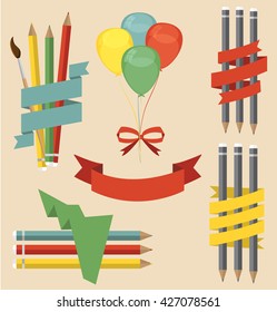 A set of flat to return to school. Flat ribbons and pencils. Balls with a bow. Elements of design in a flat style