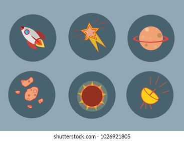 set of flat rocket icons, planet, meteorites, radar, sun, star