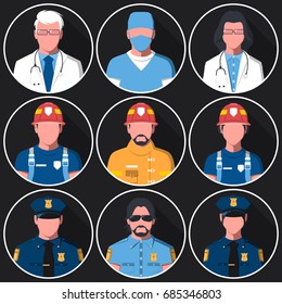 Set of flat round avatars of medical, fire and police services. Portraits of firemen, medical staff and officers for user profile picture. Men and women. Vector illustration.