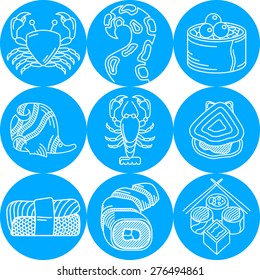 Set of flat round blue vector icons with white line elements of seafood menu on white background.