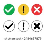 Set of flat round check mark, exclamation point, X mark icons isolated on transparent background.