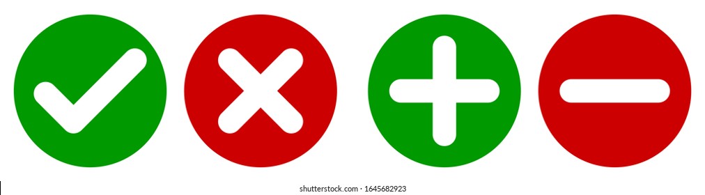Set of flat round check mark, X mark, plus sign and minus sign icons, buttons isolated on a white background. EPS10 vector file