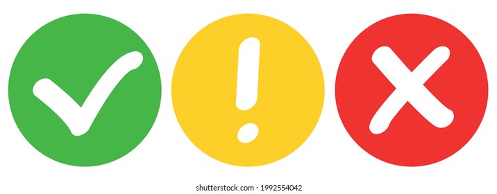 Set of flat round check mark, exclamation point, X mark icons, buttons on a isolated background.Green red yellow vector circle symbols. Red check mark icon vector.Stock vector. Vector illustration