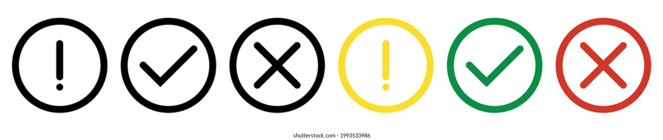 Set of flat round check mark, exclamation point, X mark icons, buttons on a isolated background.Green black red yellow vector circle symbols. Red check mark icon vector.Stock vector. Vector