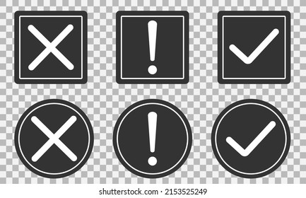 Set of flat round check mark, exclamation point, X mark icons, buttons on a isolated background. vector circle symbols.Vector illustration