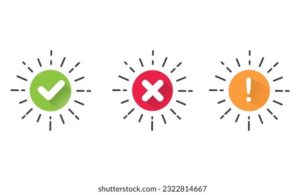 Set of flat round check mark, exclamation point, X mark icons.