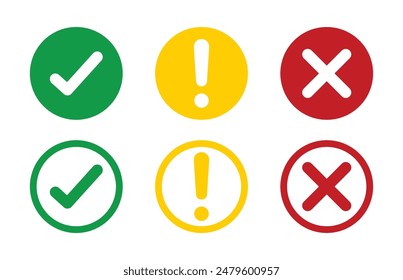 Set of flat round check mark, exclamation point, X mark icons, buttons isolated on a white background. Green check mark, red cross mark icon set with green, yellow and red color.