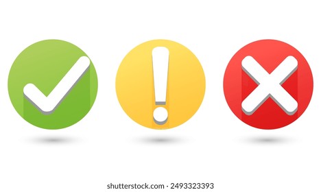 Set of flat, round check mark, exclamation point, and X mark icons and buttons isolated on a white background. Vector illustration.