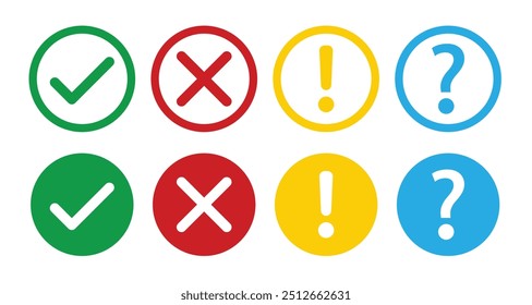 set of flat round check mark, x mark exclamation point and question mark. checkmark, exclamation,  vector illustrations in outline color green, yellow, red and blue
