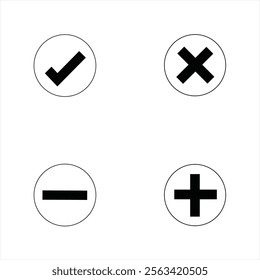 Set of flat round check mark, X mark, plus sign and minus sign icons, buttons. Round check x, plus, minus icon vector illustration