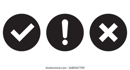 Set of flat round check mark, exclamation point, X mark icons, buttons isolated on a white background. EPS10 vector file