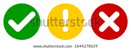 Set of flat round check mark, exclamation point, X mark icons, buttons isolated on a white background. EPS10 vector file