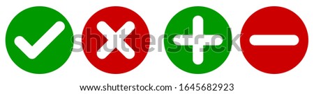 Set of flat round check mark, X mark, plus sign and minus sign icons, buttons isolated on a white background. EPS10 vector file