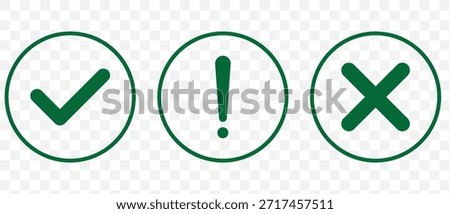 Set of flat round check mark, exclamation point, X mark icons, buttons isolated on a white background. Green check mark, exclamation point, red cross mark icon set. Vector illustration.