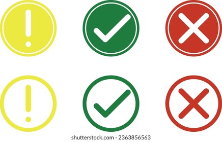 Set of flat round checkmarks, exclamation marks. Green, red, yellow vector circle symbols. Check mark icon vector. Stock vector.