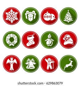 Set of flat round Christmas icons with long shadow