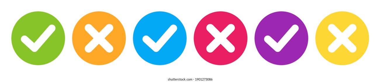Set of flat round colored check mark and X cross icons buttons isolated on a white background. Vector eps10.