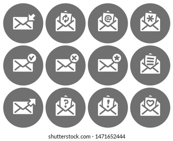 Set of flat round email icons gray series. Vector illustration