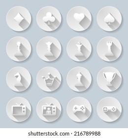 Set of flat round  icons  with games  on  gray background