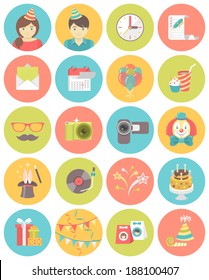 Set of flat round icons of kids birthday party in bright colors