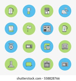 Set of flat round icons for kitchen equipment such as kettle, oven, microwave, blender, mixer, steamer, coffee machine, scales, meat grinder
