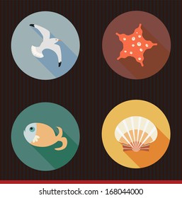 Set of flat round marine icons