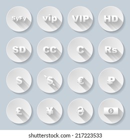 Set of flat round money symbols on the gray background