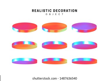 Set flat round plates round timber. Realistic geometric shapes with holographic color gradient. Hologram decorative design elements isolated white background. 3d objects shaped blue color. vector