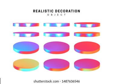 Set flat round plates round timber. Realistic geometric shapes with holographic color gradient. Hologram decorative design elements isolated white background. 3d objects shaped blue color. vector