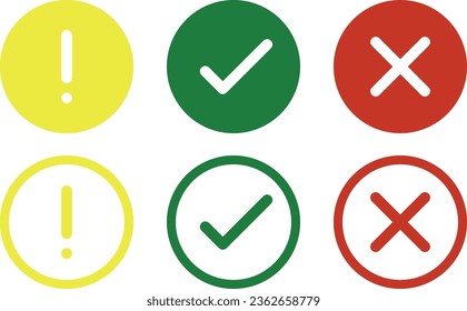 Set of flat round signs. Exclamation point, yes, no. Set of flat icons for the web. Affirmative, negative, attention!