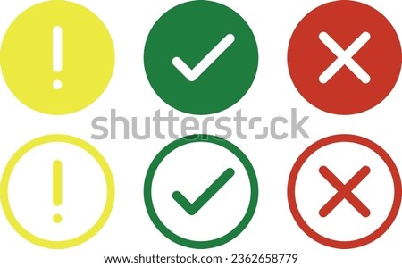 Set of flat round signs. Exclamation point, yes, no. Set of flat icons for the web. Affirmative, negative, attention!