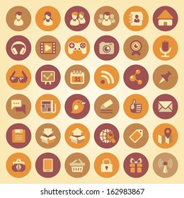 Set of the flat round web icons of social networking and multimedia in retro colors 