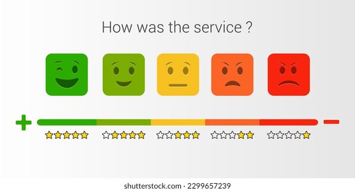Conjunto de emociones cuadradas redondeadas planas y escala de comentarios de la clasificación por estrellas. Excelente, bueno, normal, malo horrible