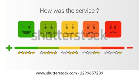 Set of flat rounded square emotions and star rating feedback scale. Excellent, good, normal, bad awful