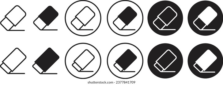 Set of flat Rubber Eraser black icons. Art supplies icons editable stock. Drawing tool icons isolated on transparent background. Can be use for presentation templates, web and mobile phone apps.