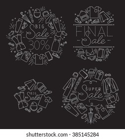 Set of flat Sale clothes monograms drawing with white lines on black background
