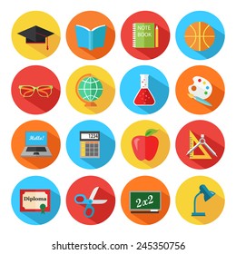 Set of flat school and education icons. Vector illustration.