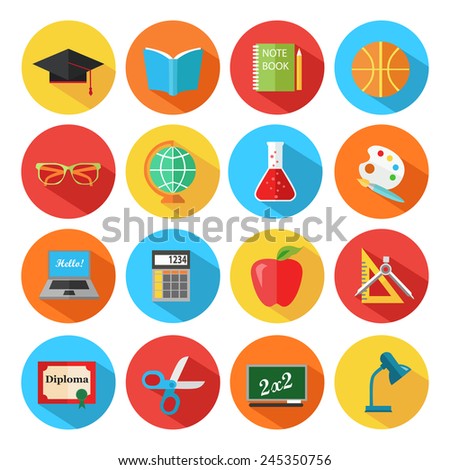 Set of flat school and education icons. Vector illustration.