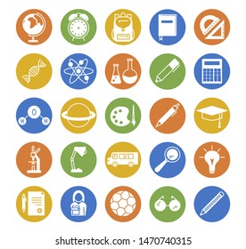 Set of flat school, education and science icons on colored background