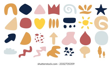 Set of flat scribble elements isolated on white background. Hand drawn primitive elements in doodle style pastel shades. Abstract kid forms or shapes collection. Vector illustration