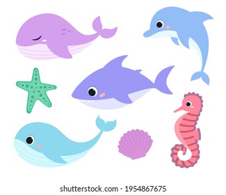 Set of flat sea animals. Cute fish and mammals in the ocean in flat style. Dolphin, whale, shark, seahorse isolated on white background. Childrens illustration
