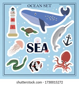 A set of flat sea animals. Marine life, animals, plants, sunken objects, ship, anchor, calligraphy. Designer set of cartoon vector illustrations on a white background. Design for books, web, children