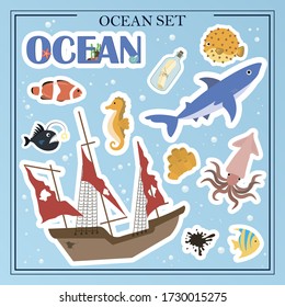 A set of flat sea animals. Marine life, animals, plants, sunken objects, ship, anchor, calligraphy. Designer set of cartoon vector illustrations on a white background. Design for books, web, children