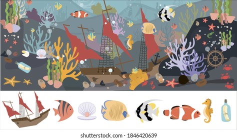 A set of flat sea animals. Marine life, animals, plants, sunken objects, ship, anchor, calligraphy. Designer set of cartoon vector illustrations on a white background. Design for books, web, children