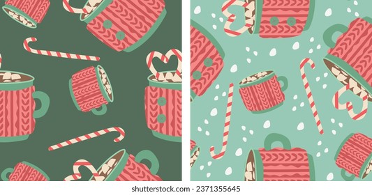 Set Flat seamless pattern with a cups of cocoa, snowflakes, marshmallows and candy cane. Vector background is made of Hot seasonal drinks. Poster, card, Wrapping paper. Christmas and New year template