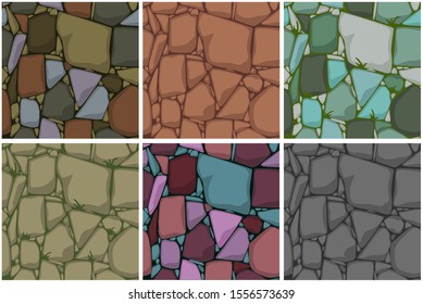 Set Flat Seamless stone textures. Vector stones background. Cartoon Seamless texture.