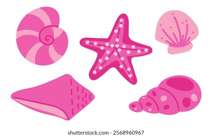 A set of flat seashells in pink colors. Oceanic exotic underwater seashell, aquatic clam, spiral snails. Tropical beach shells. Modern flat style, isolated on a white background. Vector illustration