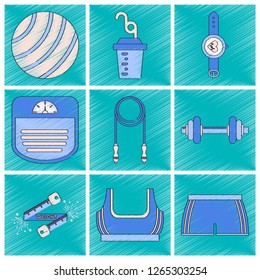 Set of flat shading style icon Fitness equipment