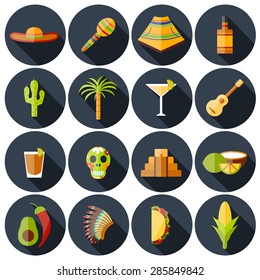 Set of flat shadow icons on Mexica theme: sombrero, poncho, tequila, coctails, taco, skull, guitar, pyramid, avocado, lemon, chilli pepper, cactus, injun hat, palm. Isolated national mexican objects